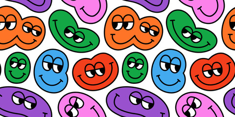 Funny melting smiling happy face colorful cartoon seamless pattern. Retro psychedelic drug effect smile icon background texture. Trendy character doodle wallpaper.	
