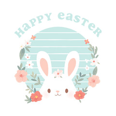 Happy Easter greeting card illustration. Cute vintage art style rabbit with spring flower decoration. Hand drawn floral ornament and bunny animal. April holiday celebration event design.	
