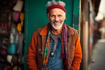 Portrait of a happy senior man smiling at the camera while standing in the street.