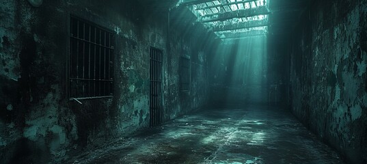 Abandoned prison hallway. Dark melancholic scene. Generative AI technology. - obrazy, fototapety, plakaty