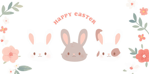 Happy Easter greeting card illustration. Cute vintage art style rabbit with spring flower decoration. Hand drawn floral ornament and bunny animal. April holiday celebration event design.	

