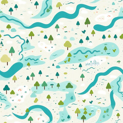 Fototapeta na wymiar Seamless pattern : Serene River Landscape Pattern 