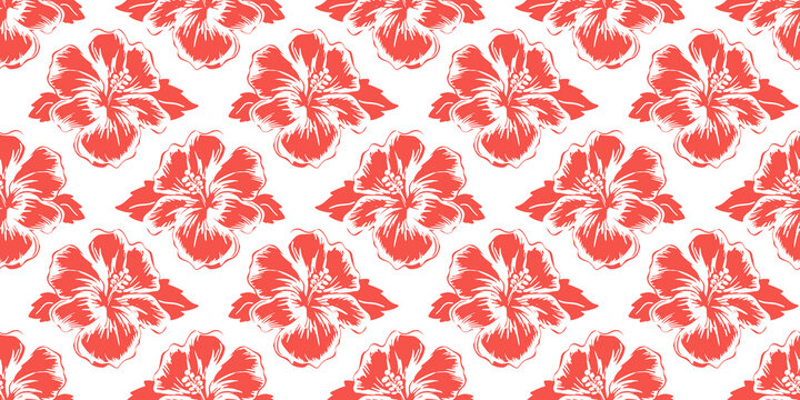 Fototapeta Hibiscus flower art seamless pattern illustration. Tropical hawaiian nature floral background in vintage art style. Beach season painting print.  
