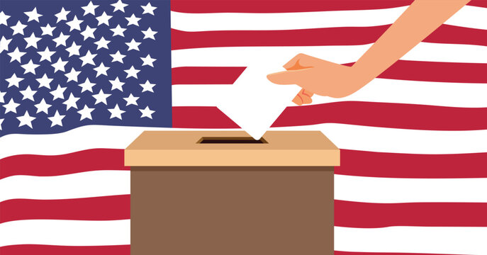 American Citizen Voting in Election Season Vector Concept Illustration. Hand with ballot and USA flag behind vector banner design 
