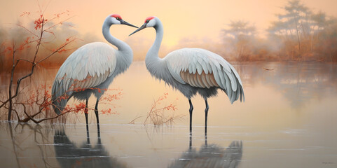 Red-headed cranes mate in a quiet, natural pond. © Rassamee