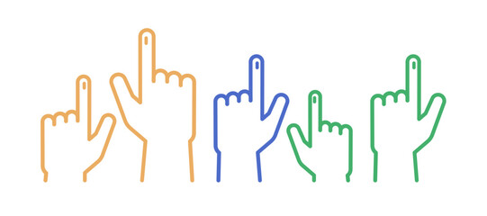 Obraz premium Vector design featuring five hands with inked pointing index fingers in an unfilled thin outline style, representing the act of voting in India.