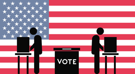 2024 presidential election icon. Two voters at individual booths, central ballot box, USA flag background. Vector icon design style
