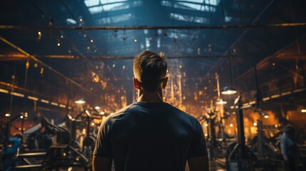 A strong, muscular man stands and looks forward, surveying the area. Back view.