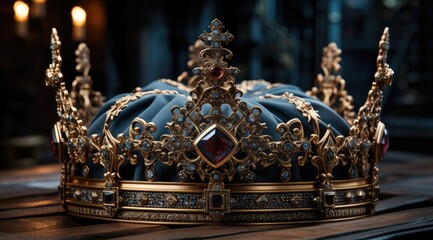 Beautiful rich royal crown with precious stones. Close-up photo.
