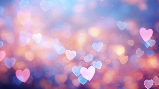 Heart shaped bokeh background with blurred hearts. Generative AI.