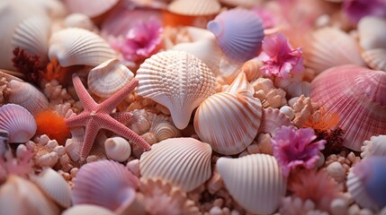 Seashells and starfish. Top view, close-up. The theme is the sea element.