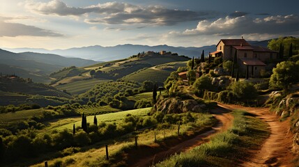 Green fertile fields of Italy. Rich villas and vineyards. - obrazy, fototapety, plakaty