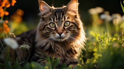 A beautiful fluffy cat sits alone on the grass in summer. Cute beloved pets theme.