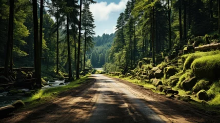 Fototapeten Road through the summer forest. Bright lush green trees, grass and bushes. © Boomanoid