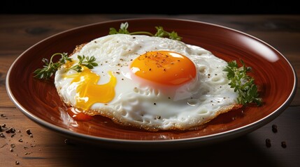 Appetizing fried eggs on a brown ceramic plate. The theme of a quick and healthy breakfast and snack.
