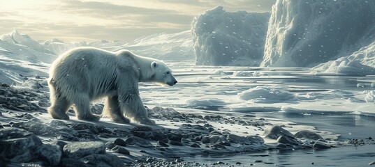 Polar bear at arctic frozen landscape. Wildlife animal. Generative AI technology.	
 - obrazy, fototapety, plakaty