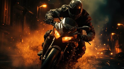 A male motorcyclist in a leather suit and helmet rides quickly on a motorcycle along a deserted...