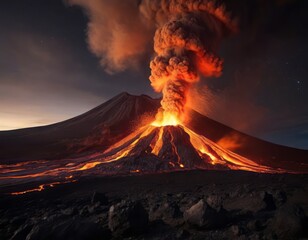 Volcanic Fury: Erupting Volcano Under a Starlit Sky