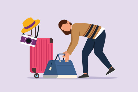 Woman preparing things to go traveling.  Traveling with bag or suitcase concept. Colored flat vector illustration isolated.