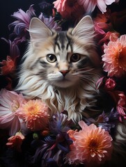 A beautiful adult fluffy cat is sitting. There are purple and pink flowers around. Autumn theme. Favorite pets. Bright colorful wallpaper.
