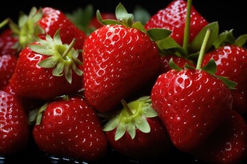 Juicy appetizing red strawberry. The theme of a successful harvest and proper nutrition. Source of vitamins and microelements.