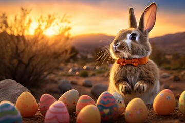 Fototapeta na wymiar Easter bunny and eggs on golden sunset background. Easter day. presentation. advertisement. copy text space.