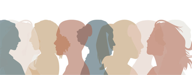 Women's History month banner in soft color. Multi ethnic woman face silhouette. International woman's day poster - obrazy, fototapety, plakaty