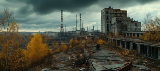 Fototapeta premium Abandoned factory plant building. Generative AI technology.