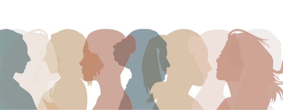 Women's History month banner in soft color. Multi ethnic woman face silhouette. International woman's day poster