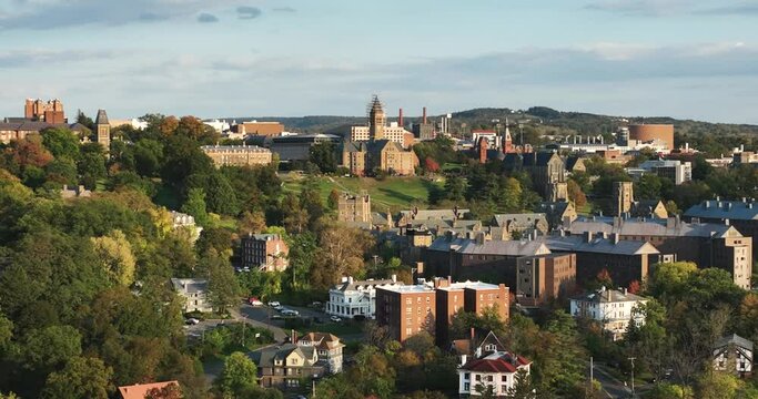 Afternoon winter aerial video of the area surrounding the City of Ithaca, NY, USA 10-12-2023