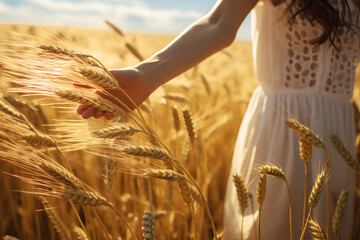 A woman's hand caresses wheat in a sunlit field, evoking warmth and growth. AI Generative. - obrazy, fototapety, plakaty