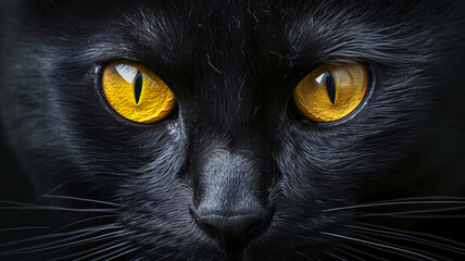 Intense gaze of a black cat with vivid yellow eyes, embodying mystery and elegance, AI Generative.