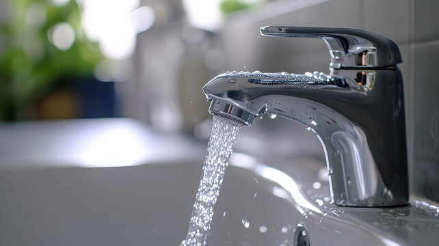 Crystal clear water flowing from a modern faucet, depicting AI Generative purity.