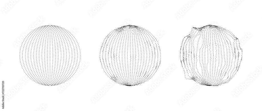 Poster Set of dotted spheres with dissolve effect. Stippled disintegrating circle collection. Halftone textured balls with noise dot work grain. Radial grunge particles. Dot sphere element bundle. Vector