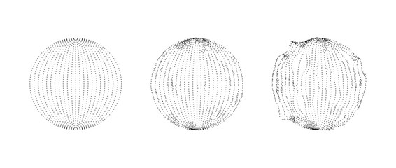 Set of dotted spheres with dissolve effect. Stippled disintegrating circle collection. Halftone textured balls with noise dot work grain. Radial grunge particles. Dot sphere element bundle. Vector