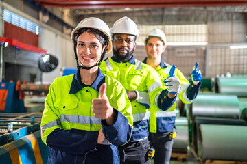 Obraz premium Professional team labor machanic engineer technician worker industrial work control with machine, manufacturing, factory, production line, Indusry 4.0, robot, industrial facility.business planning