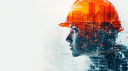 double exposure image of the woman engineer thinking overlay with cityscape image and. The concept of engineering, construction, city life and future.