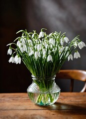 a bunch of delicate snowdrops in a glass vase on the table