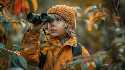 Little boy scout with binoculars during hiking in autumn forest. Child looking through a binoculars. Concepts of adventure, scouting and hiking tourism for kids. - obrazy, fototapety, plakaty
