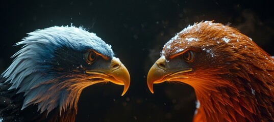 Two eagles. Blue versus red. Political party choice. Generative AI technology. - obrazy, fototapety, plakaty