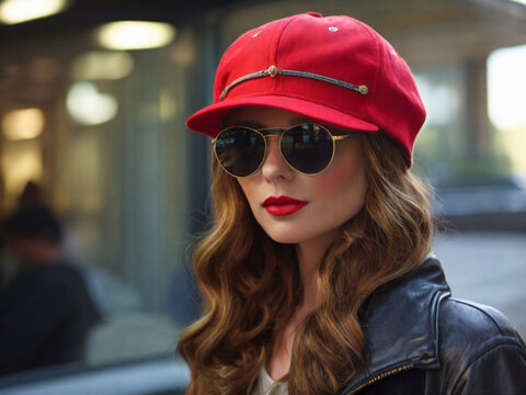 portrait of a woman in red hat beauty, sunglasses, people, face, hair, person, model, smile, glasses, summer, smiling, hat, 