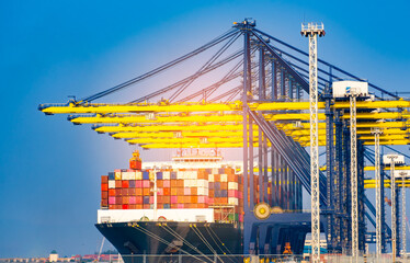 Fototapeta premium Port transports containers with crane Board a ship to deliver large cargo. Shipping system by sea, shipping containers.concept international transportation Export-import business, logistics