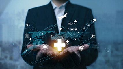 Medical tourism.health care and medical technology concept, Doctor and patient people in hospital...
