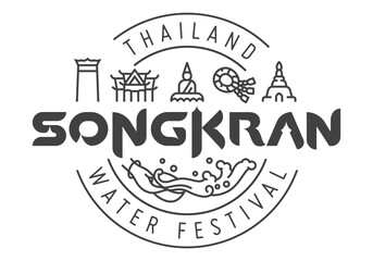 Songkran thailand water festival logotype and lettering design with linear icon - obrazy, fototapety, plakaty