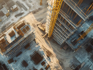 Aerial View Of Construction Site. Cityscape with an under-construction building, with scaffolding, steel structure of a building, blending architecture and industrial elements.