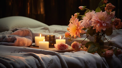 Fototapeta na wymiar Closeup shot of bed with flowers and candles. Created with Ai