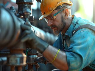 Drilling rig workers in uniforms and helmets are drilling an artesian well. Tunnel boring machine in storm sewer collector for underground construction of sewers, pipe, drainage systems.