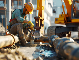 Drilling rig workers in uniforms and helmets are drilling an artesian well. Tunnel boring machine in storm sewer collector for underground construction of sewers, pipe, drainage systems.