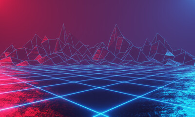 Futuristic retro landscape of the 80`s.Digital Retro Cyber Surface.