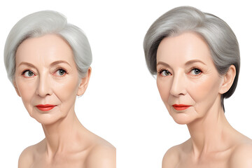 A moment of hope: A beautiful middle-aged woman in her 50s, isolated against a white background, showcases mature skincare beauty and cosmetic concepts generative ai